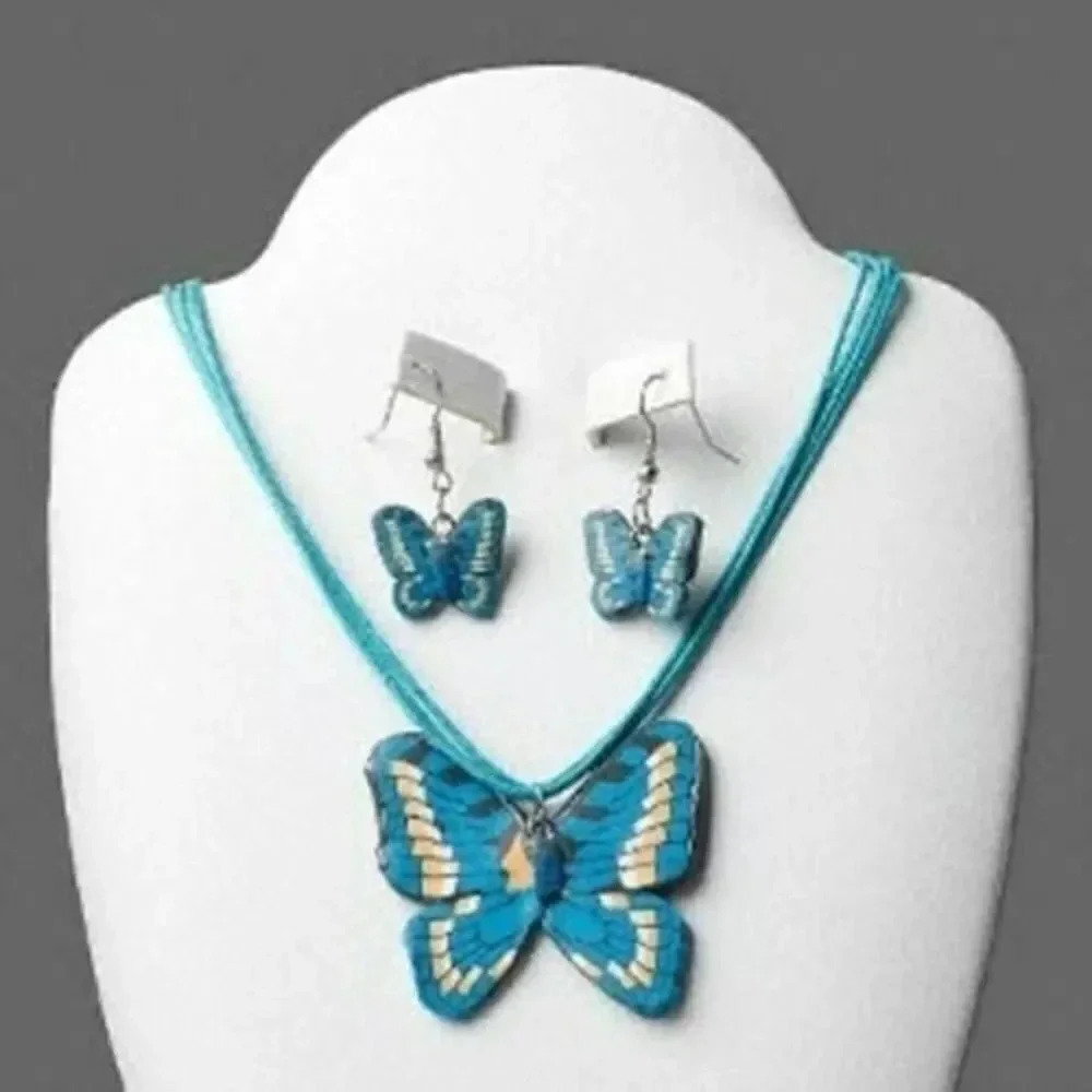 Blue Butterflies Fimo Polymer Clay Necklace and Earrings Jewelry Set